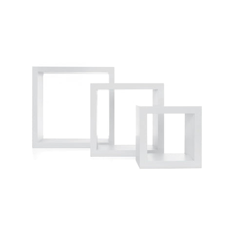 Set van 3 kubusvormige wandplanken in drie formaten van wit MDF