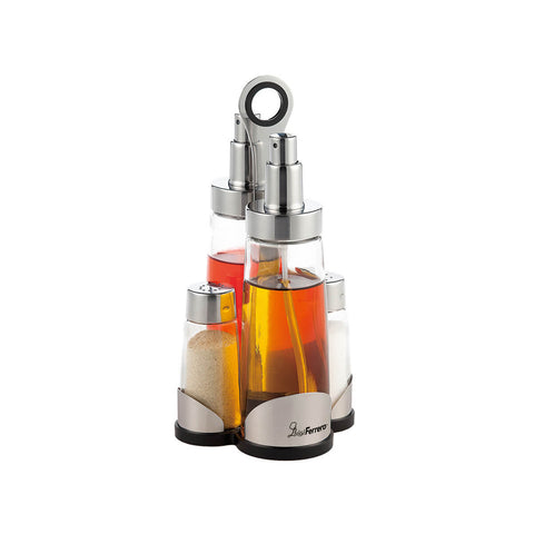 5-delige set olie- en azijnflessen, zout- en peperstrooiers van glas en roestvrij staal, 200/60 ml, zilverkleurig