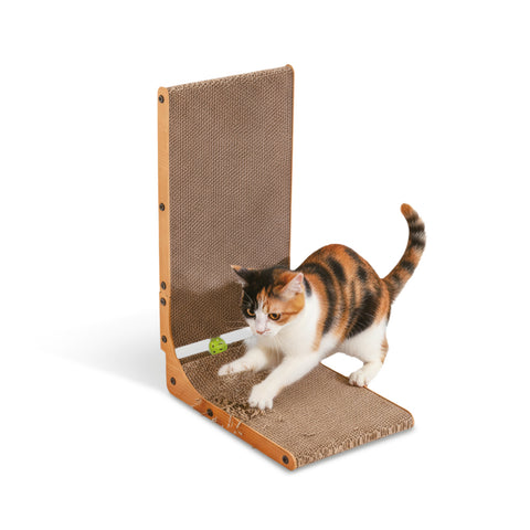 puppy lovers tiragraffi per gatti a forma di l altezza 68 cm graffiatoio in carta ondulata resistente e legno mdf design salvaspazio con gioco a pallina integrato ean 8054806950528