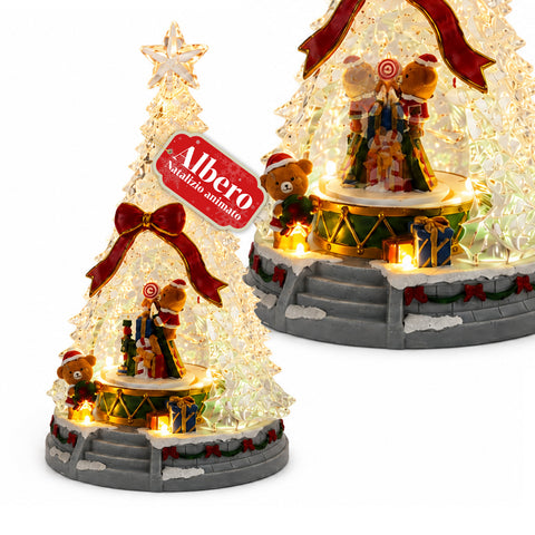 Verlichte kerstboom JoyTree met muziek en 360°-animatie, ledverlichting, tafereel met teddyberen en notenkrakers, dubbele voeding via USB, 32,5 cm
