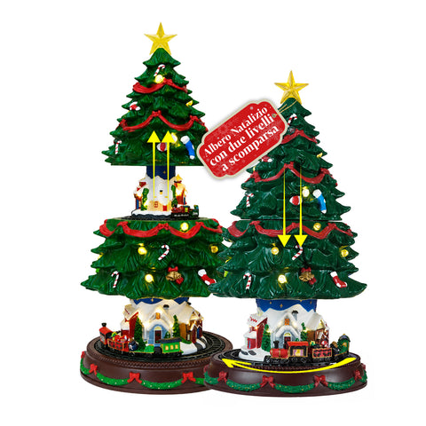 Verlichte kerstboom SpinPine 45,5 cm met dorp en ronddraaiende trein, warmwitte ledverlichting, kerstmuziek, voeding via USB of batterijen