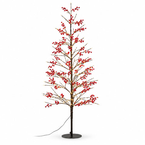 Verlichte boom met rode bessen, 150 cm, 635 warmwitte leds