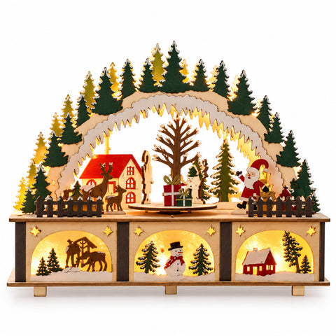Houten kerstboog met LED, dorp met draaiend gedeelte 27 cm
