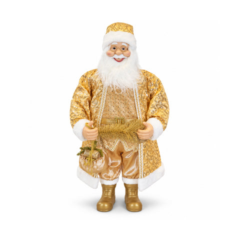 Dansende kerstman van 130 cm met muziek, gouden kerstbeeld dat danst, lacht en zingt, meerdere standen en melodieën, te vullen voet, adapter inbegrepen