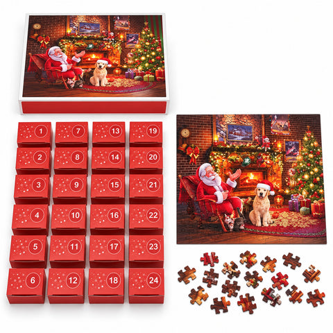 Puzzel-adventskalender met 1008 stukjes om in 24 dagen te leggen, kersttafereel met de kerstman en een hond, uiteindelijke puzzel van 70x50 cm