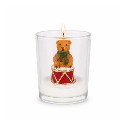 Kerstkaars in glazen pot, 7 cm – beertje met kerstmuts of beer op trommel – decoratie en tafeldecoratie