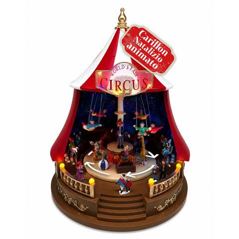 Animatief kerstcarillon CircoJoy met ledverlichting en muziek, circustent Ø34 x H44 cm van kunststof, draaiend tafereel, voeding via USB of batterijen