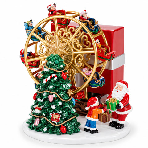 Opwindbare kerstcarrousel in de vorm van een reuzenrad met de kerstman, 14 cm