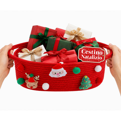 Kerstmandje van rood katoenen touw 30x20x12 cm met handvatten