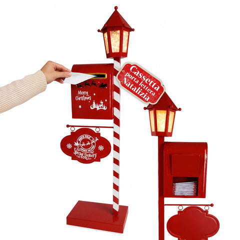 DeerPost kerstbrievenbus met LED-lantaarn en achterklep, metalen decoratie met hangend bord, 92,5 cm hoog