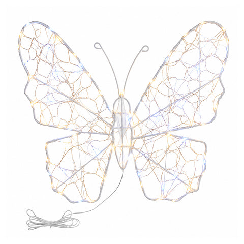 Witte ledvlinder van 50x40 cm – decoratieve ijzeren lamp met gouden draad, warm- en koudwitte lichtjes, USB-voeding en haak