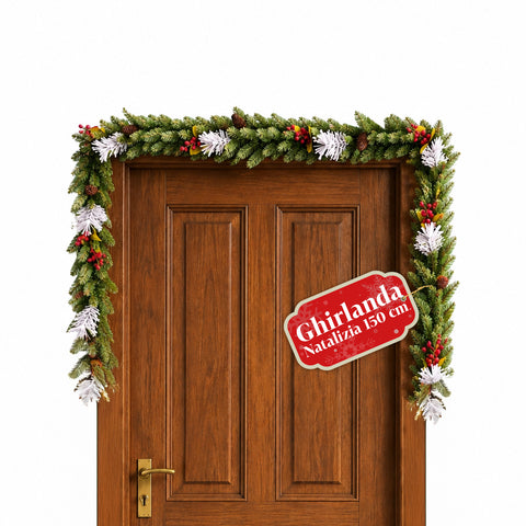 Kerstguirlande 150 cm met dennenappels en rode bessen, vormbare takken