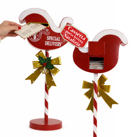 FlyPost metalen kerstbrievenbus in de vorm van een slee, afmetingen 23x14x50 cm, grote capaciteit, gouden strik, steunvoet
