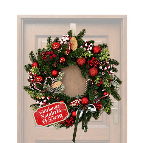Kerstkrans van 55 cm met dennenappels en rode bessen, vormbare takken