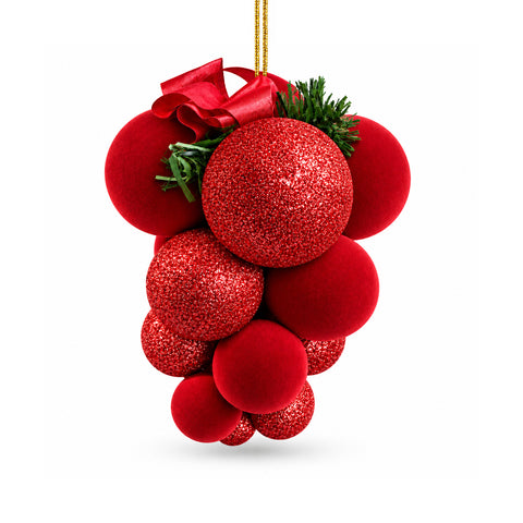 Kerstballencluster om op te hangen met 17 ballen van 4 tot 7 cm, strik en draadhaak: in rood, goud of zilver