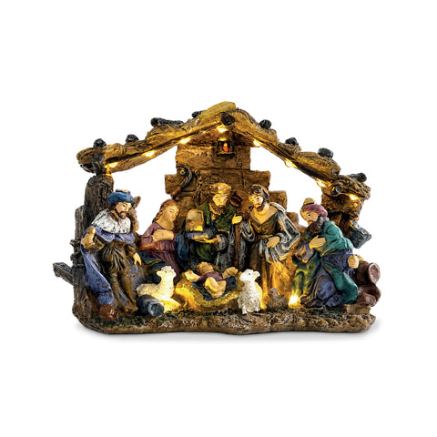 HolyGlow kerststal in polyresine met ledverlichting en aan/uit-schakelaar, rustieke stal en stabiele voet, 23x11,5x17 cm
