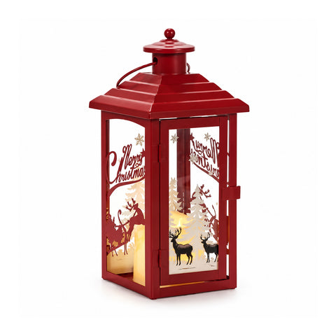Lichtgevende kerstlantaarn op batterijen 12x12x28 cm met rendieren