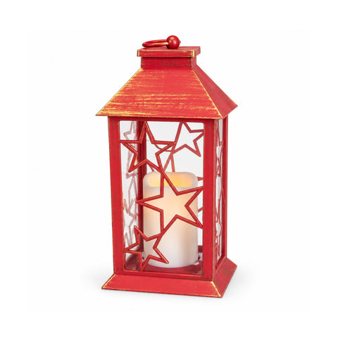 Rode LED-kerstlantaarn 30 cm, kaars met vlameffect, om op te hangen of neer te zetten, 14x14x30 cm, 2 beschikbare decoraties: sterren of sneeuwvlokken
