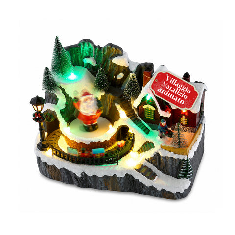 LitVille verlicht kersttafereel met LED-verlichting, bewegende trein en draaiende kerstman, 8 kerstmelodieën, 23x15x18 cm, op batterijen