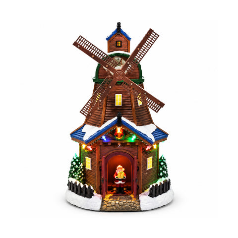 Verlichte en muzikale kerstwindmolen met beweging, H34 cm