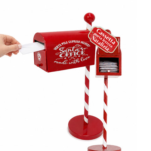 NorthPost metalen rode kerstbrievenbus op voet, gestreepte paal, klep die opengaat om kerstbriefjes te verzamelen