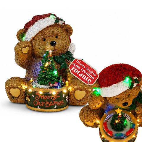Verlichte kerstbeer met ronddraaiende trein en muziekdoos, Teddy XMAS Bear Station, led-kerstdecoratie van polyresine 20,5 cm