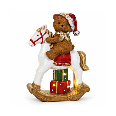 Lichtgevende teddybeer op hobbelpaard met led, decoratie H40 cm