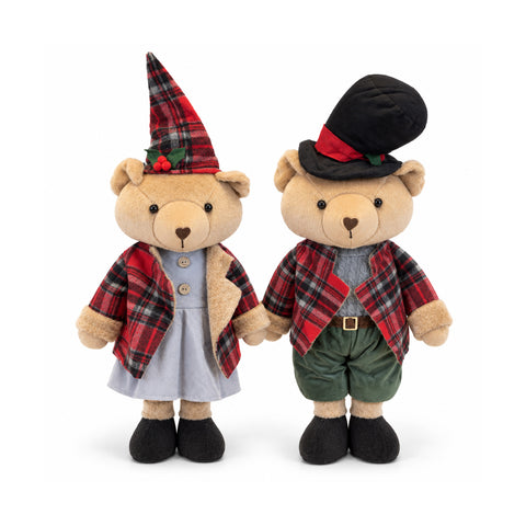 Orso Natalizio Decorativo 85 cm, Peluche da Arredo con Cappello e Abito Scozzese, Base Stabile, Rosso o Marrone Tartan