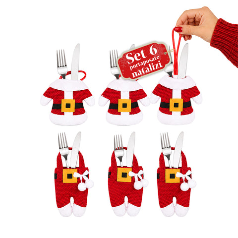Kerstbestekhouders in de vorm van de kerstman, set van 6 stuks van vliesstof en polyester
