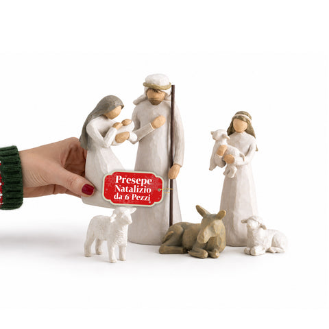 Moderne kerststal, 6-delig, van hars met houtsnijwerkeffect