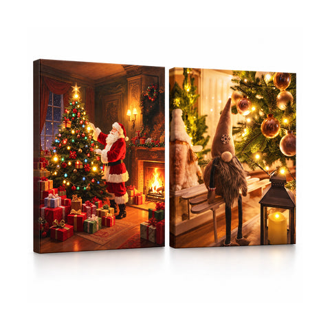 Kerstschilderijen met ledlampjes in een set van 2, 30x40 cm: de kerstman, rendieren, een kabouter en bomen die oplichten, op batterijen met schakelaar