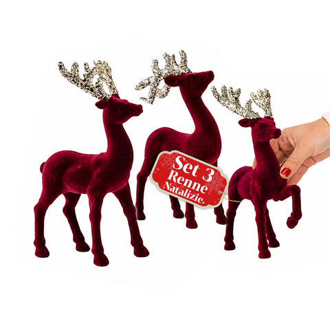 saint joy renne natalizie in velluto rosso set 3 pezzi decorazione da tavolo ean 8050043128300