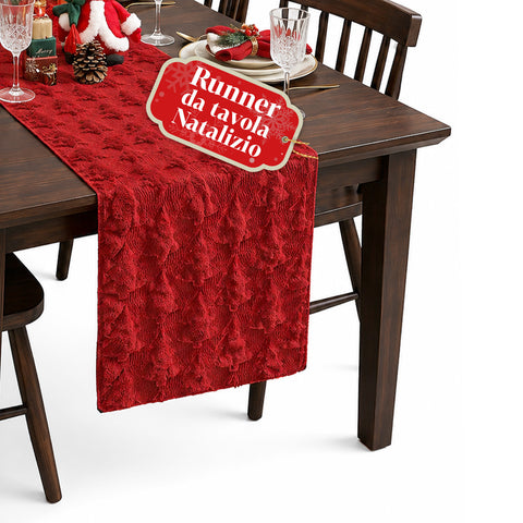 Kersttafelkleed 33x180 cm met bomen in reliëf, rood of groen