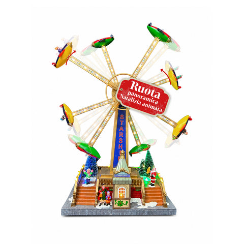 Kerstreuzenrad SkyWheel met ledverlichting, melodieën en dubbele rotatie, dorp met kassa en personages, 47,7 cm