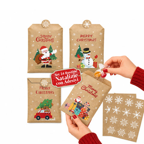Kerstcadeauzakjes set van 24 kraftpapieren zakjes met stickers
