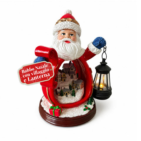 Kerstmanbeeldje met dorpje en lantaarn van hars, 16x19 cm