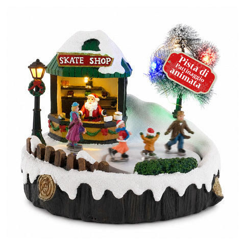GlideRink verlicht kersttafereel, geanimeerde ijsbaan met muziek en LED-verlichting, decoratie van kunsthars, 20,8x20,7x17,2 cm, op AA-batterijen