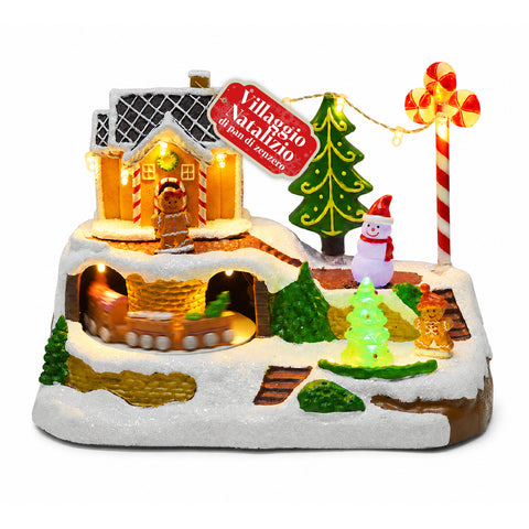Verlicht kerstdorp Candy Town met bewegend treintje en 8 melodieën, LED-peperkoekhuisje, kerstdecoratie 23,5 cm
