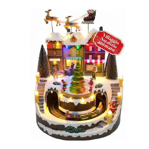 Verlicht kerstdorp Xmas Town op batterijen met ledverlichting, muziek, draaiende kerstboom, bewegend treintje en slee van de Kerstman, 27x25x34 cm