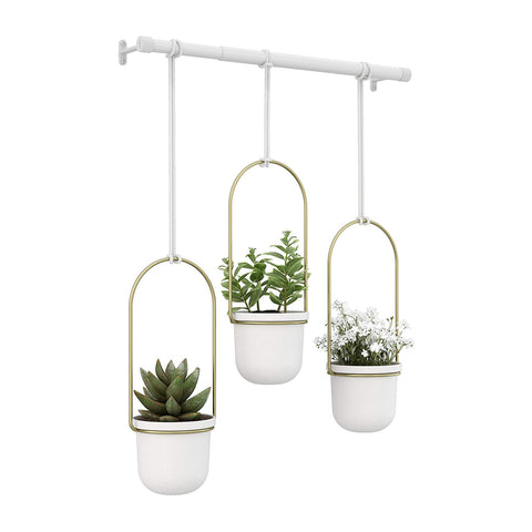 Set 3 Vasi Sospesi Decorativi In Acciaio Bianco/Ottone