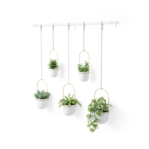 Set van 5 hangende plantenbakken met stang, wit