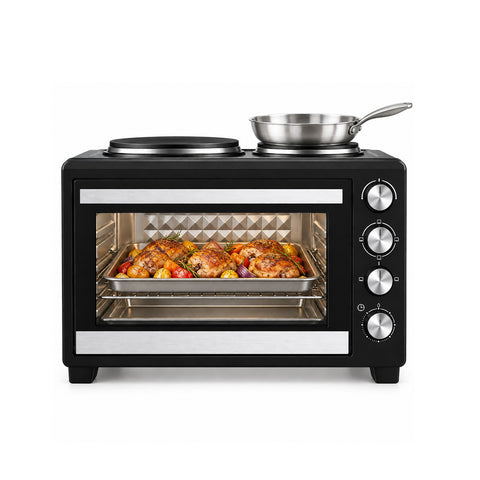 Elektrische oven van 40 l met dubbele elektrische plaat, grill, 5 kookstanden, timer van 120 minuten, 100-250 °C en deur met dubbel glas