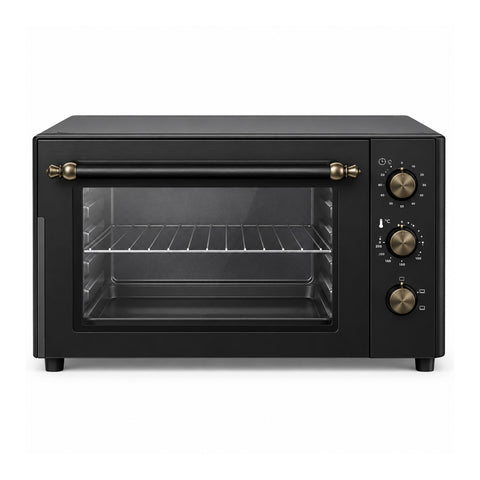 Elektrische tafeloven van 70 liter met instelbare thermostaat, timer met alarm, binnenverlichting, stalen handgreep en matzwarte afwerking