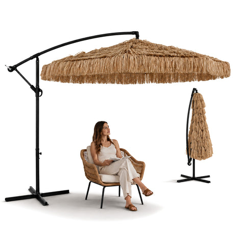 Lampara-tuinparasol met raffia-effect – Hoogte 2,75 m, met frame van koolstofstaal, zwengel en kruisvoet