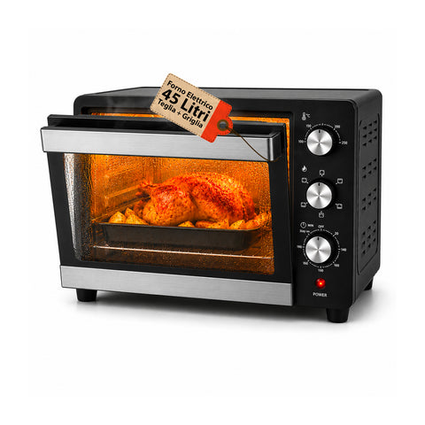 Vrijstaande elektrische oven van 45 liter met hetelucht, timer en dubbel glas, 1800 W, met accessoires