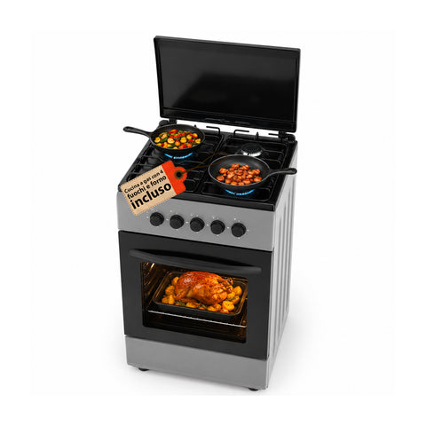 Gasfornuis van 50x50 cm met gasoven van 49 liter, 4 branders met verschillend vermogen, veiligheidskleppen en deksel