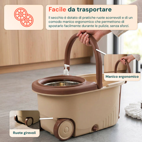 avilia home kit mocio rotante 360 con secchio 14l 46x27x22cm e centrifuga in acciaio include 2 testine in microfibra dosatore sapone e asta telescopica set lavapavimenti universale con ruote e scarico ean 8052879013140