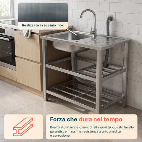 avilia home lavello multifunzione in acciaio inox con fontana lavandino con vasca gocciolatoio e doppia mensola reversibile dxsx 75x40x80 cm ean 8056244083189