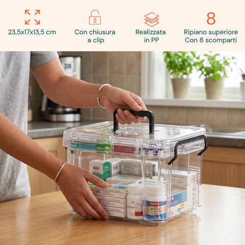 avilia home organizer per farmaci trasparente a 2 livelli con maniglia e chiusura a clip 8 scomparti superiori 235x17x135 cm ean 8052879011375