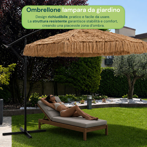 zendea ombrellone lampara da giardino effetto rafia altezza 275m con struttura in acciaio al carbonio con manovella e sostegno a croce ean 8050030810720